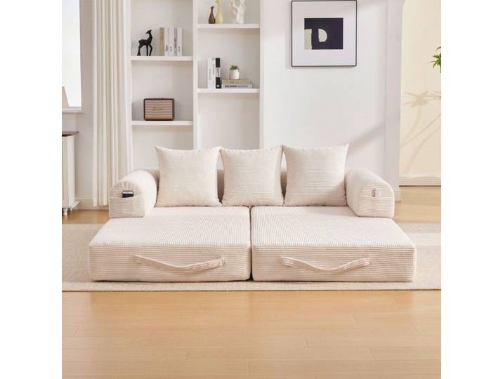 Canapé Modulable Velours Côtelé Beige – Cadre Métal 3 Coussins & Rangement – Sofa Design Extensible Salon