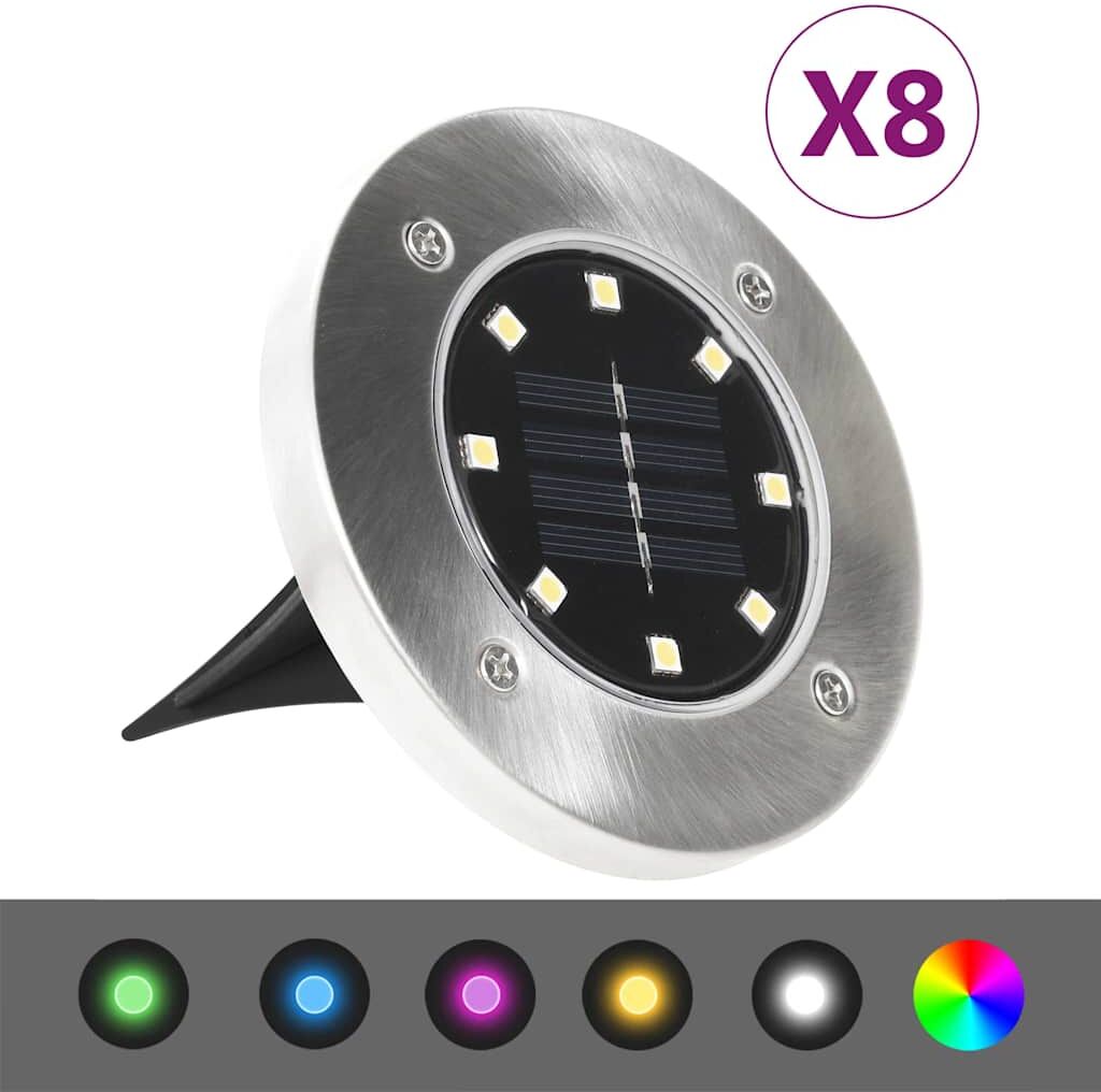 vidaXL Iluminação LED solar de solo 8 pcs cor RGB Plateado