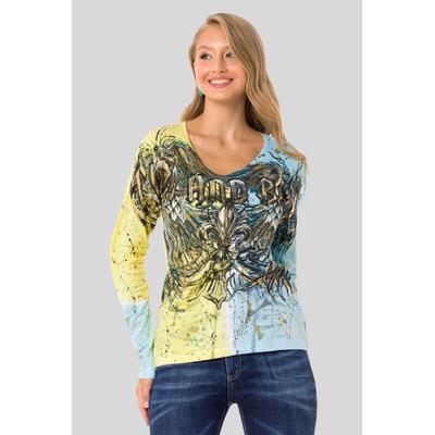Sweatshirt CIPO & BAXX "SWEATSHIRT", Damen, Gr. L, gelb (gelbblau), 95% Baumwolle, 5% Elasthan, bedruckt, Basic, regular fit normal, Rundhals, Sweatshirts Sweatshirt, aufregenden Muster und dem coolen Markenprint