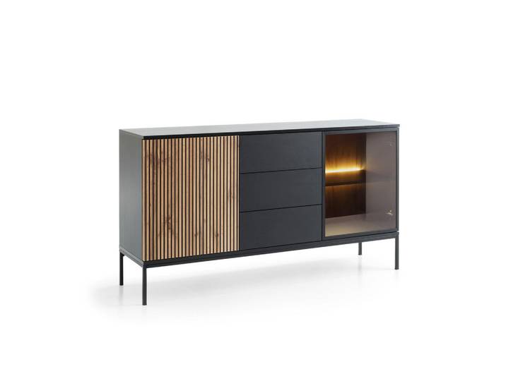 Ravio Moderne Geriffelte Kommode Lagos K2D3Sz (Schwarz, Eiche Wotan, Led, Metallfüße, Push to Open), Eiche Wotan, Schwarz, seitenverkehrt montierbar,Rechteckig, 154x83x39 cm, Kleinmöbel, Kommoden, Kommoden