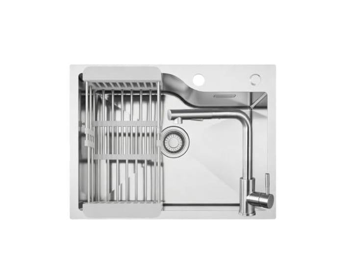 CECIPA 60 x 45 cm Spüle mit ausziehbarer L-Küchenarmatur, Küchenspüle 1 Becken aus Edelstahl für einen 60-cm-Schrank