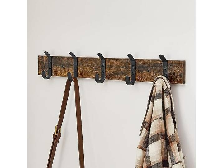 ACAZA houten Wandkapstok met 5 Haken - Compacte Muur Kapstok - Industriële stijl - Vintage Bruin/Zwart