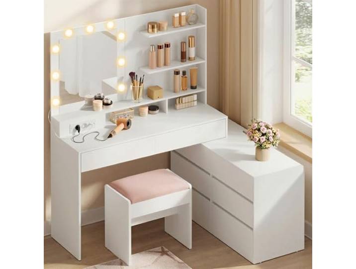 VASAGLE Schminktisch mit Beleuchtung und Hocker Set Frisiertisch mit 8 Schubladen und Steckdose, Kosmetiktisch für Schlafzimmer, KAILYN Kollektion RDT140WB01-01