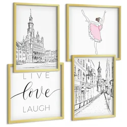 BILDER SET 4er Set - 50x50 cm & 40x60 cm Goldrahmen - Stilvolle Grafik, Ballerina-Architektur