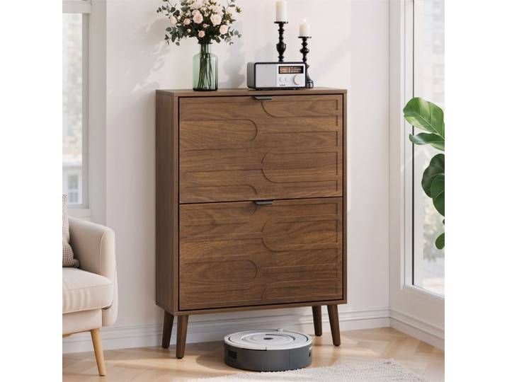 Meuble à chaussures 60cm-avec 2 tiroirs rabattables-meuble de rangement à chaussures avec design à panneaux cannelés-noyer