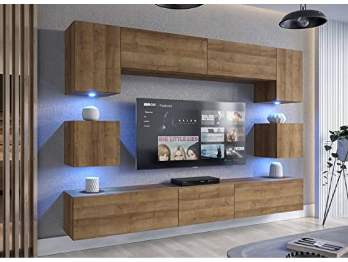 Furnitech Wohnwand Wohnzimmer Möbel (Goldene Eiche) ohne LED - Hängend Wohnzimmerwand Modern - Schrankwand mit Regale und TV Schrank (Nowara AN1-17DZ-M4 1C)