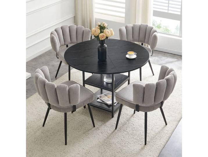 COVREO Ensemble table à manger ronde 107 cm et 4 chaises tissu gris avec 2 étagères