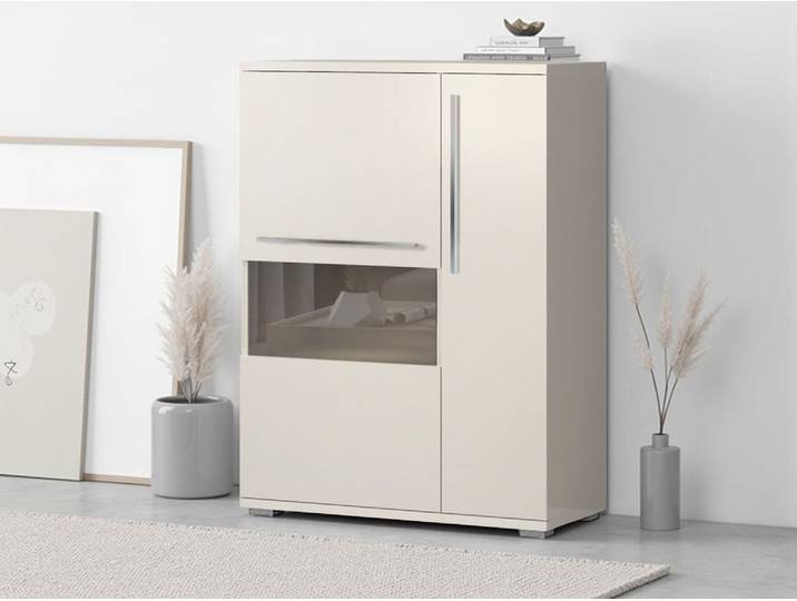 Highboard OTTO HOME Piano Vitrine , beige (beige hochglanz), B:90cm H:123cm T:40,2cm, Holzwerkstoff, Sideboards, Highboard, UV lackiert, Soft-Close Funktion