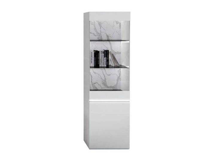 CHRIS WHITE - Vitrine 2 Portes Laquée Blanc Brillant Fond Imitation Marbre avec Led