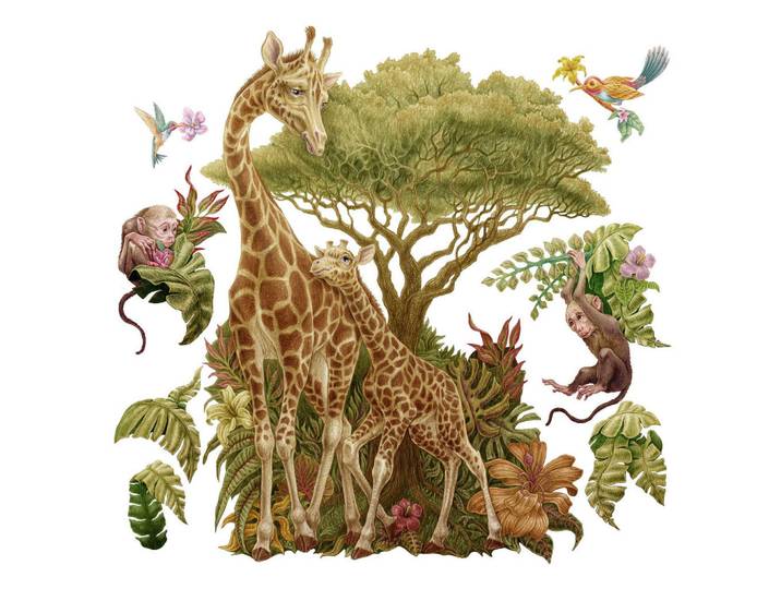 Wallfluent Wandaufkleber 80x120cm - Wildtiere Vegetation, Mehrfarbig, Kunststoff, Rechteckig, 80x120x0.1 cm, Tapeten & Wandverkleidungen, Wandtattoos & Sticker, Wandtattoos