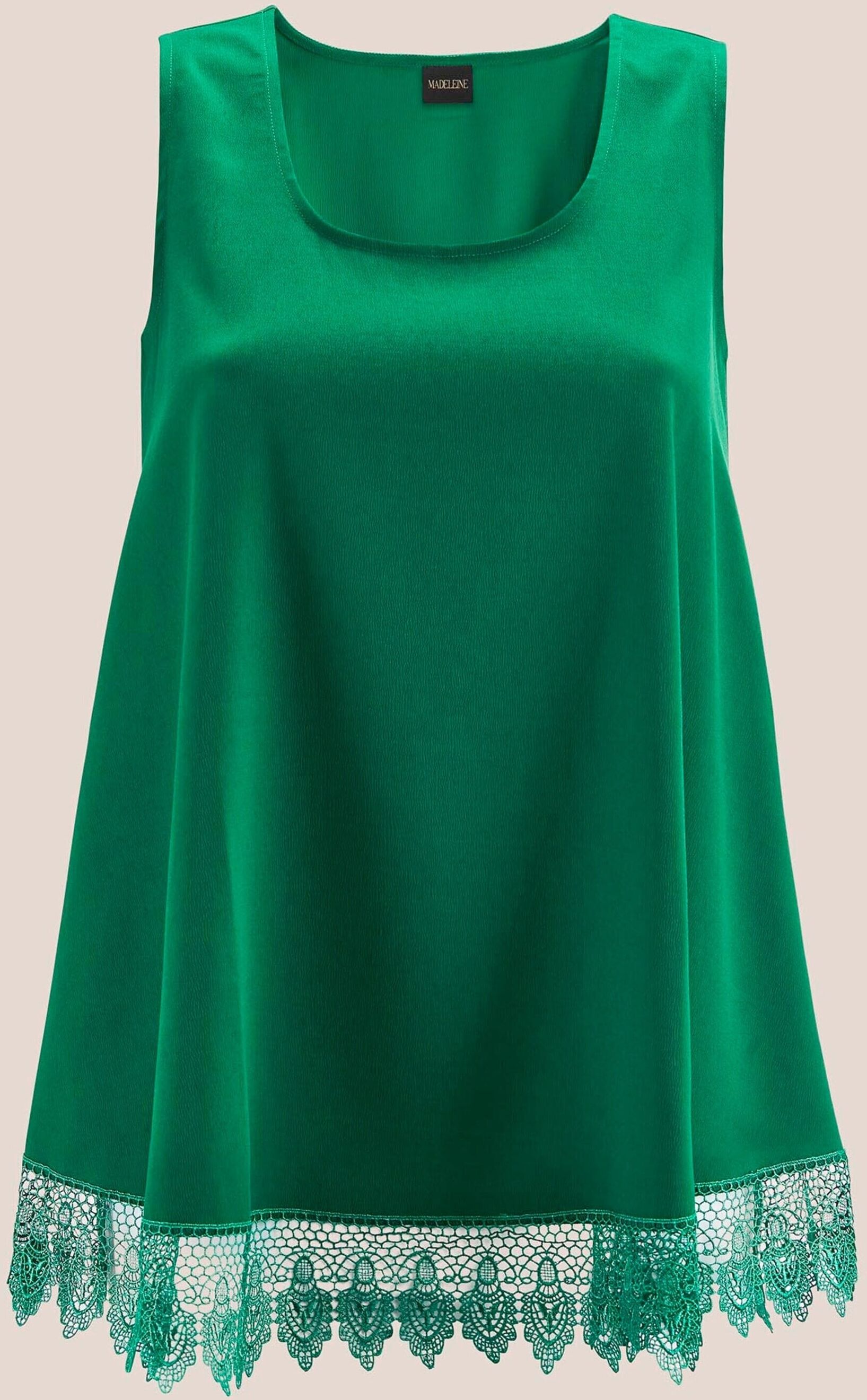 Blusentop MADELEINE "Top Feminines Blusentop mit Spitzenbesatz", Damen, Gr. 34, grün (apfelgrün), Obermaterial: 100% Polyester PES., Modern, normal, Blusen Blusentop