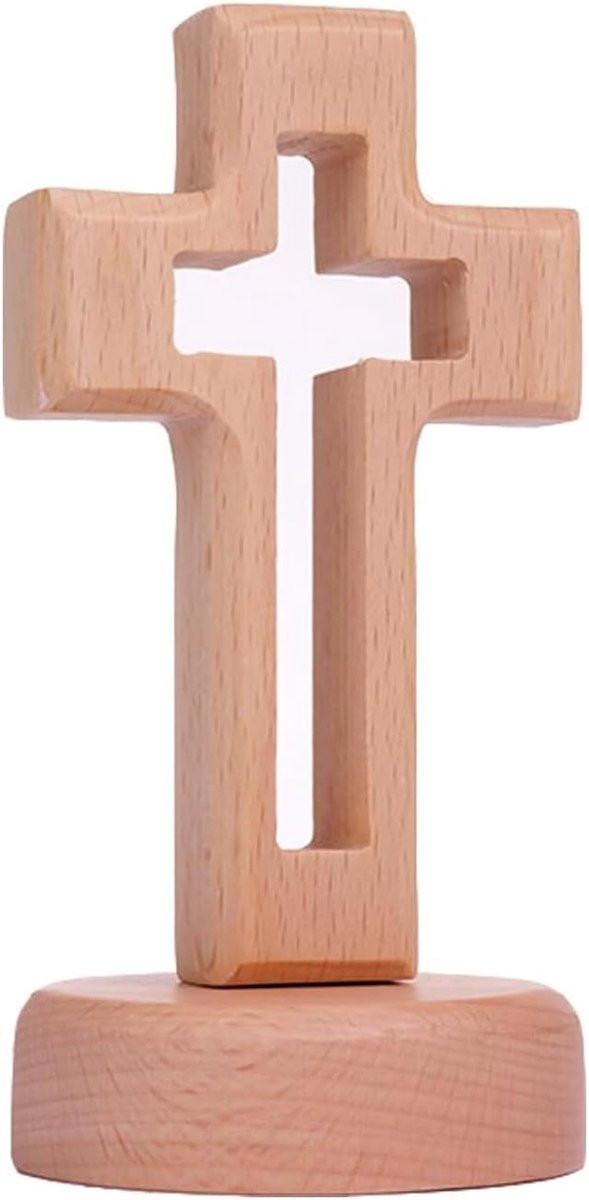 Houten Staande Kruis met Basis voor Christelijke Decoratie en Religieuze Geloofsuitingen
