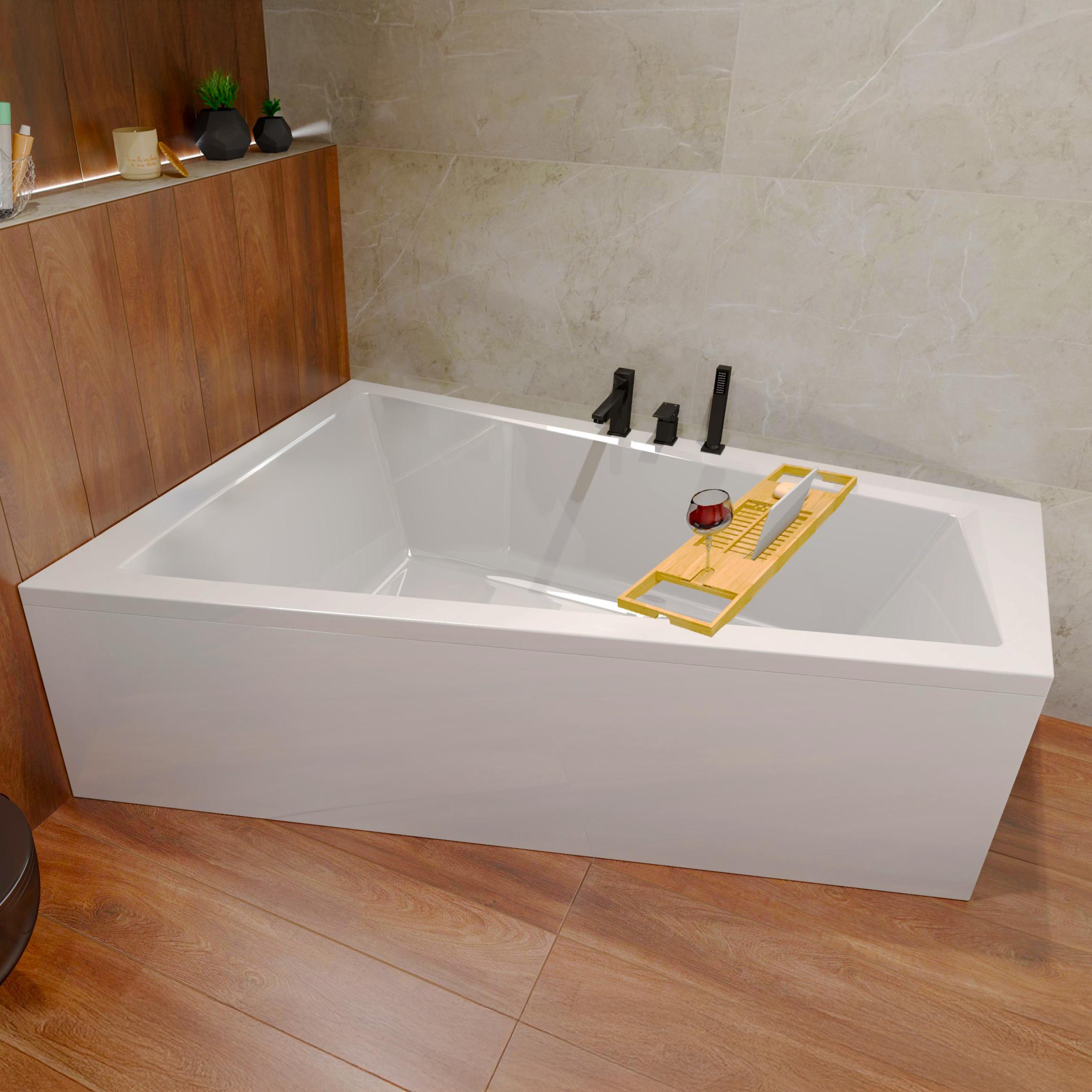 Badewanne Eckwanne Set 5in1 150x85 Links + Verkleidung (AcrylSchürze) + Bambus Holzablage | BADLAND INTIMA
