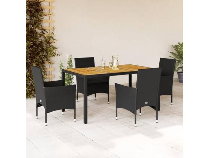 HEFZGDB 5-TLG. Garten-Essgruppe mit Kissen Schwarz Poly Rattan Akazie, Outdoor Esstischgruppe mit wetterfesten Kissen und Akazienholz Tischplatte für Terrasse Garten, langlebiges PE