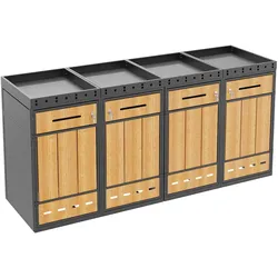 MODFU Mülltonnenbox aus Stahl in Grau-Holzoptik, 4er-Set für 4 Mülltonnen à 120-240 l, abschließbar mit Pflanzdach