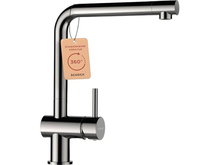 SCHOCK® Küchenarmatur Epos Edelstahl I Hochdruck Wasserhahn mit Festauslauf I Schwenkbarer Einhebelmischer 360° I L-Auslauf für Spülbereich I Armatur in Edelstahloptik mit flexiblem Anschluss