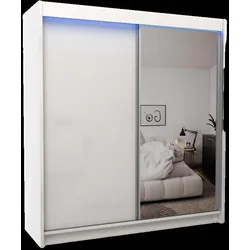 KLEIDERSCHRANK mit Spiegel-Schiebetüren und Aluminium-Leisten - PARTI - 200 cm Weiß