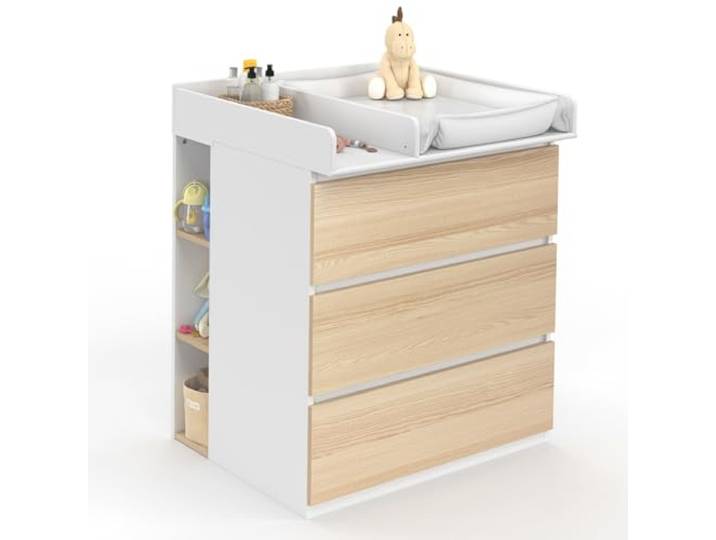 IDMarket - Wickelkommode Ambre in Buchenholzoptik und weiß 3 Schubladen Wickeltisch und 2 abnehmbare Regale