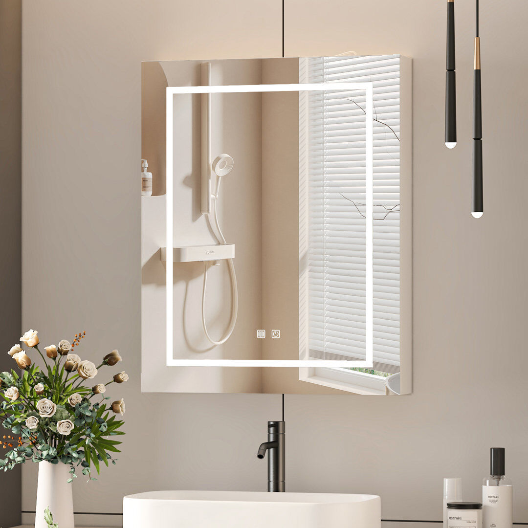 Latitude Run Ayyat Rectangular Medicine Cabinet, Illuminated Mirror Cabinet 3 Shelf Natural 76cm H x 60cm W x 11.5cm D