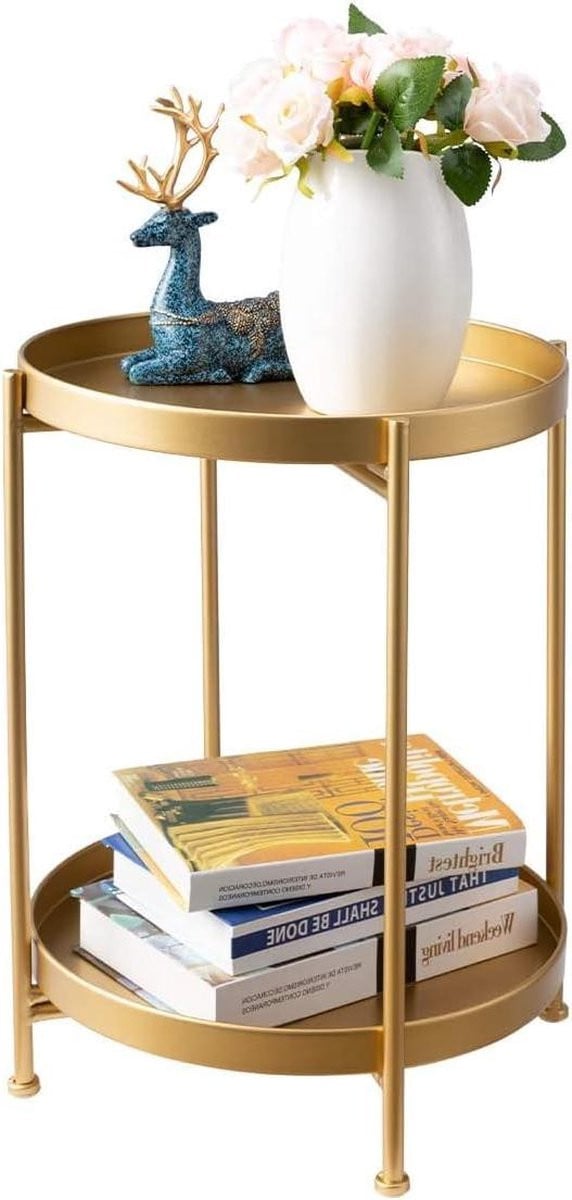 Ronde bijzettafel met 2 niveaus en goudkleurig metalen dienblad