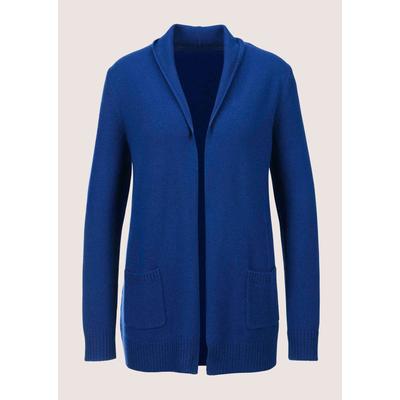 Strickjacke MADELEINE "Strickjacke Verkürzte Schurwolljacke mit Stehkragen", Damen, Gr. 36/38, blau (royalblau), Obermaterial: 100% Schurwolle WV., Modern, normal, Strickjacken Strickjacke, verschlusslose Form