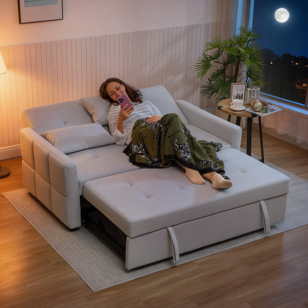 17 Stories 2 Seater Sofa Bed, Convertible Pull Out Bed Settee, Light Green Light Grey 85cm H X 158cm W X 85cm D