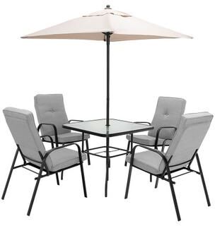 Costway 6 Pieces Patio Dining Set with Umbrella and Stackable Cushioned Chairs