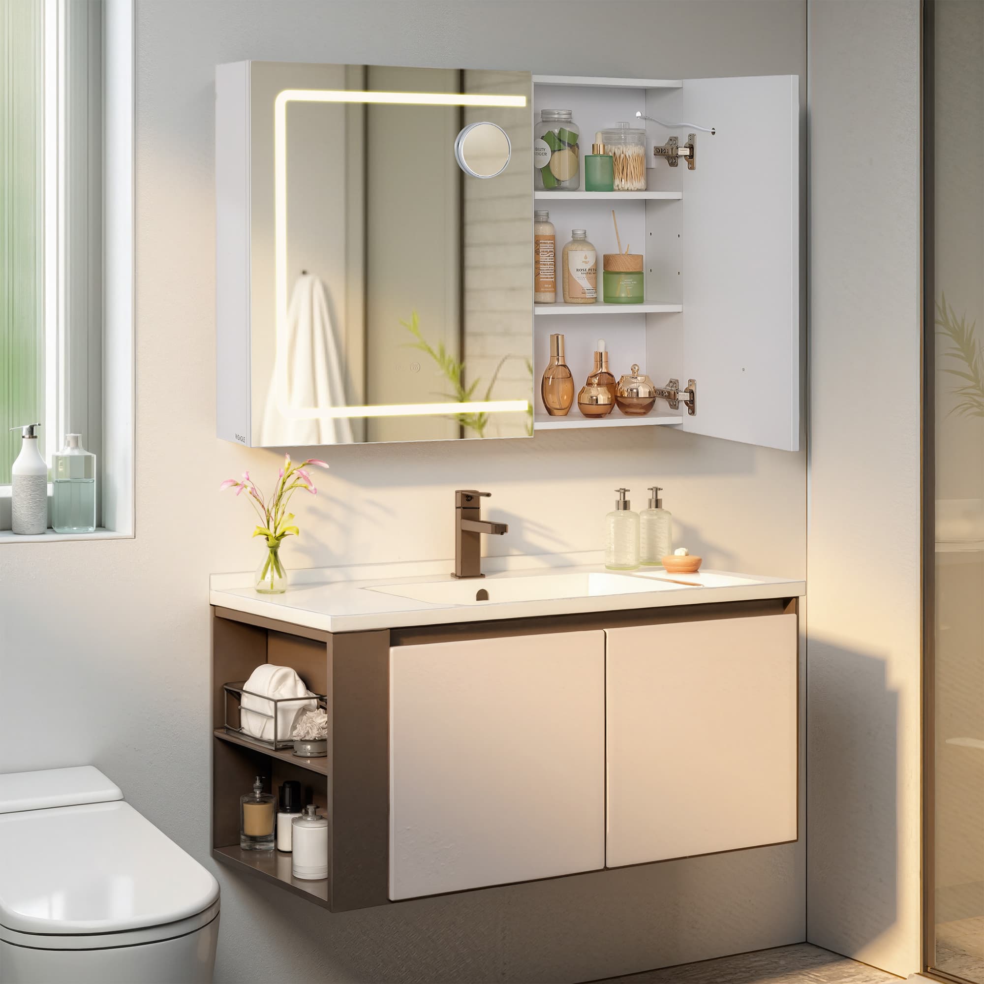VASAGLE Spiegelschrank mit Beleuchtung und Steckdose BBKB35134W01