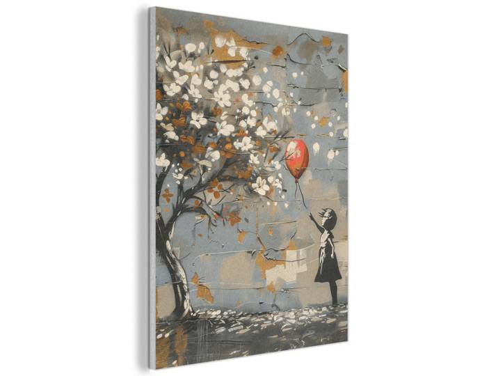 MuchoWow Akustikbild - Baum - Graffiti - Banksy-Stil - Ballon-Mädchen - 50x70, Blaugrau, Kunststoff, Rechteckig, 50x70x0.9 cm, Wandverkleidung, Akustikpaneele