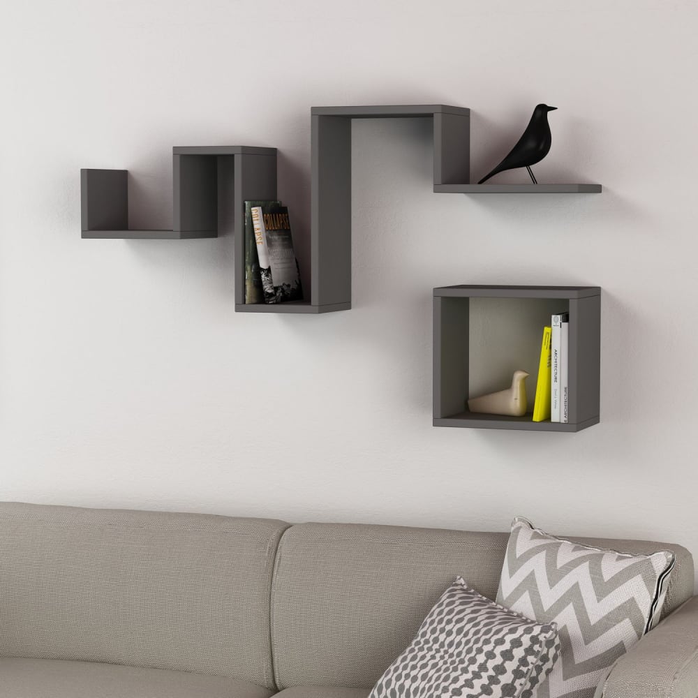 Toilinux Etagère murale 2 parties design géométrique follow gris foncé Gris 116x45x20cm