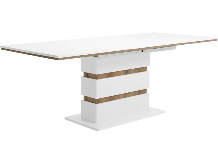 Esstisch HELA AVOLA, Ausziehtisch , weiss (weiß, evoke eiche, weiß, evoke eiche, weiß), B:140cm H:76cm T:90cm, Tische, Esstisch, Säulengestell mit Applikationen, Synchronauszug, Melamin, ABS-Kante