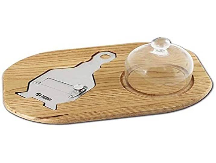 Ambrogio Sanelli Trüffel-Set: Schneidebrett aus Kastanienholz mit Glasglocke und Trüffelschneider aus Edelstahl mit glatter Klinge. Griff aus Kastanie, ergonomisch und rutschfest.