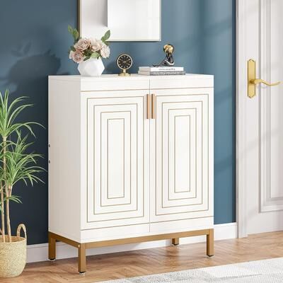 rose 20 Pairs Shoe Cabinet, 37.4 Inch Modern Shoe Storage Cabinet with Doors, White & Gold
