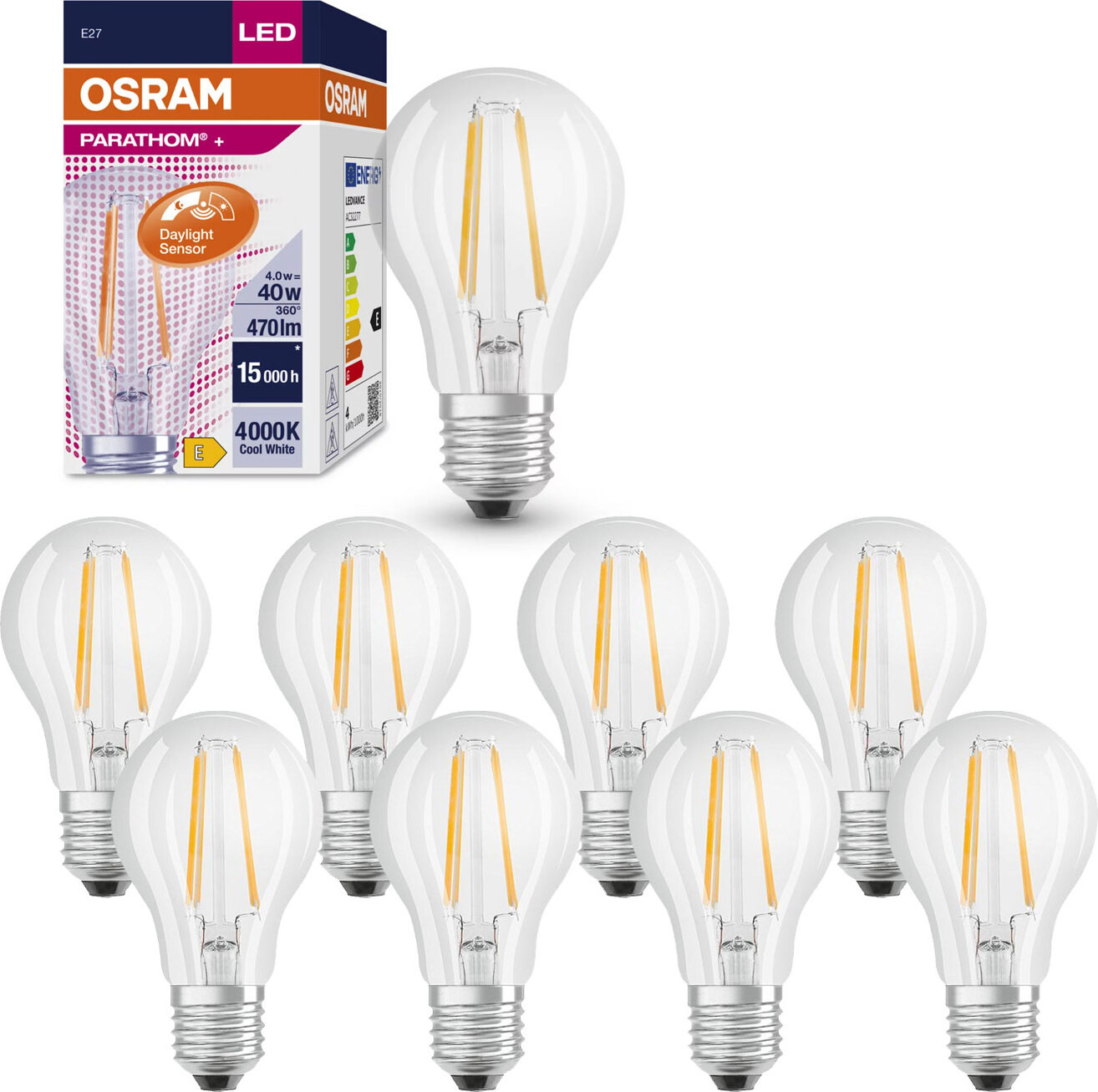 Osram Parathom A60 LED filamentlamp met daglichtsensor, E27, 4W (40W), neutraal wit 4000K, helder glas, 10 stuks