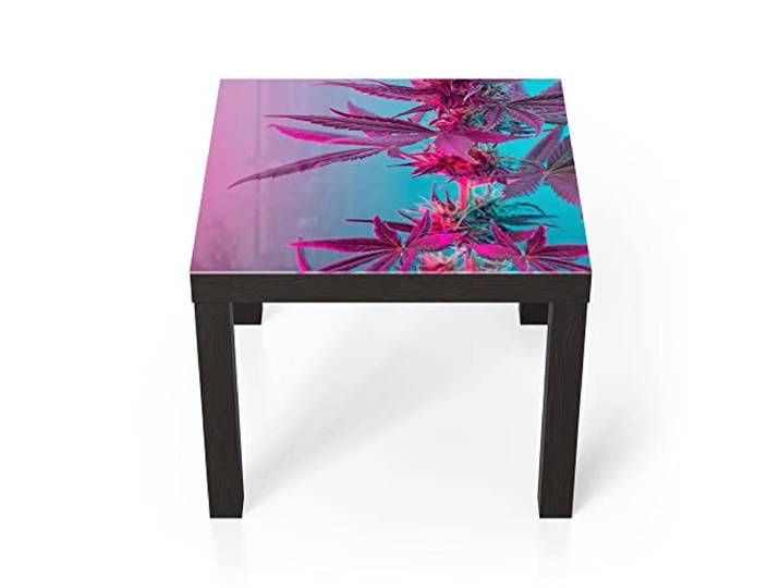 DEQORI Glastisch schwarz klein 55x55 cm Motiv Hanfblätter in Pastell ausgefallener Beistelltisch aus Glas Hochglanz Couchtisch fürs Wohnzimmer moderner Couch Tisch mit Design