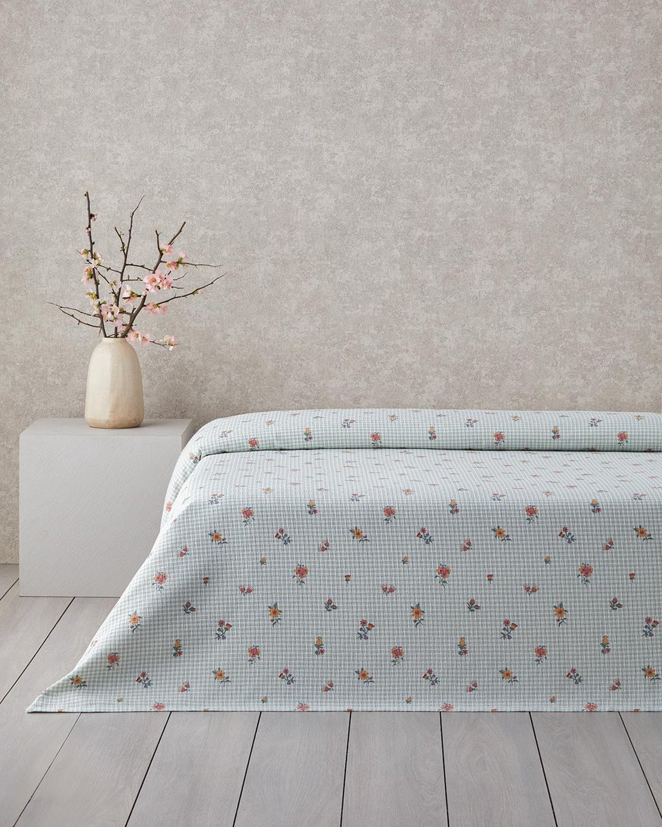 English Home Floral Plaid Zomerdeken Bedsprei - 100% Katoen - Eenpersoons - Groen/Blauw - 150 x 220 cm