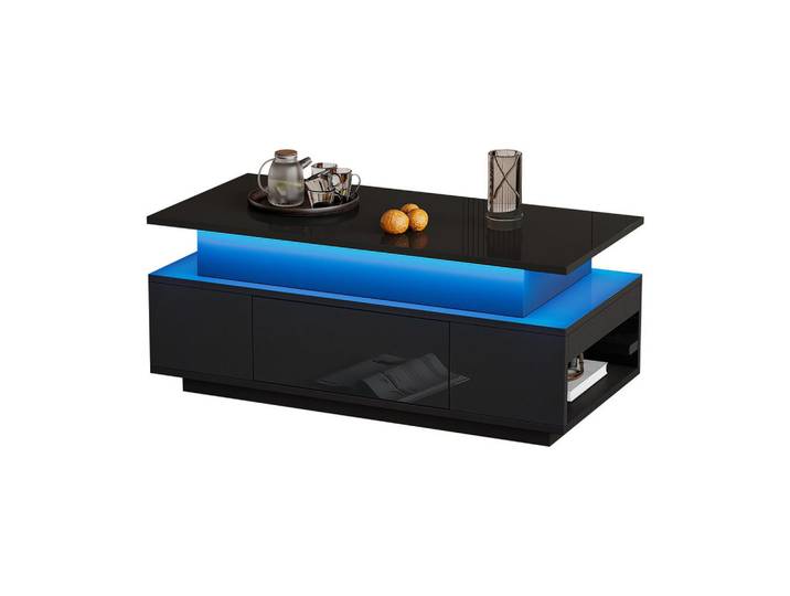 Flieks Couchtisch 96x45cm Schwarz Hochglanz Höhenverstellbar LED Schublade, Holz, 57.15x17.78x109.86 cm, Wohnzimmer, Wohnzimmertische, Couchtische