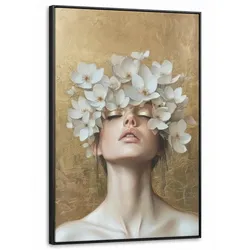 LEINWAND Bilder mit Rahmen - Gesicht - Blumen - Gold - Abstrakt - 80x120