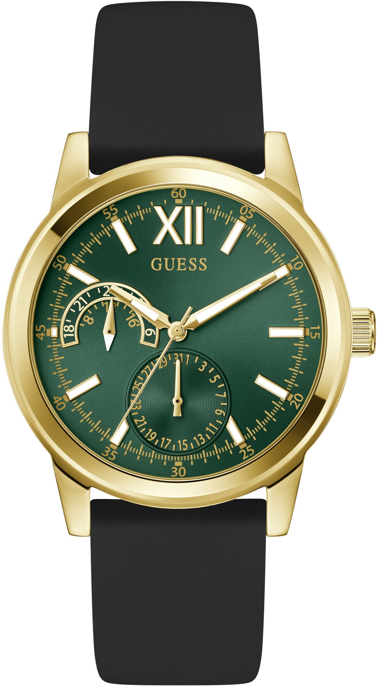 Quarzuhr GUESS "EMERSON", grün (schwarz, grün, grün), Armbanduhren, Herren, goldfarben, Quarzuhr, Armbanduhr, Herrenuhr, Silikonarmband, analog