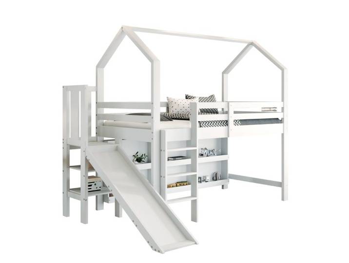 Lit cabane-Lit enfant 90x200 toboggan escaliers rangements et étagères stable en Bois blanc
