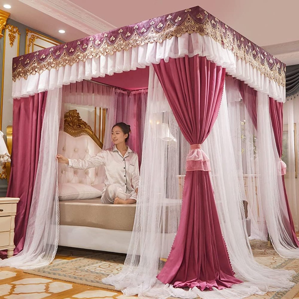 Wit Dubbellaags Hemelbed Gordijn voor Kingsize Slaapkamer Decoratie