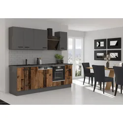 Küche OLD STYLE + NESSA Basic 240 cm Old Wood Optik Küchenzeile Küchenblock