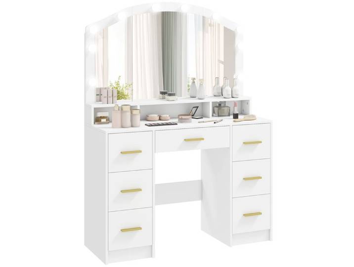 Coiffeuse - HOMCOM - avec miroir lumières led réglable 3 couleurs 7 tiroirs 3 compartiments ouverts - bois - blanc