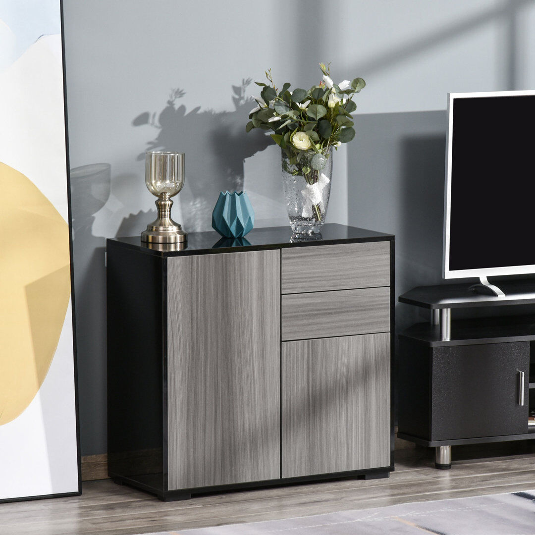 17 Stories Abdul-Qaadir High Gloss Frame Sideboard Push-Open 2 Doors Grey/Black 74cm H X 79cm W X 36cm D