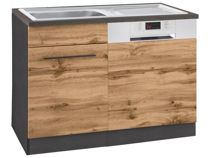 Spülenschrank KOCHSTATION KS-Tulsa , braun (wotaneiche), B:110cm H:85cm T:60cm, Schränke, Spülenschrank, 110 cm breit, inkl. Tür/Sockel für Einbaugeschirrspüler, Metallgriff