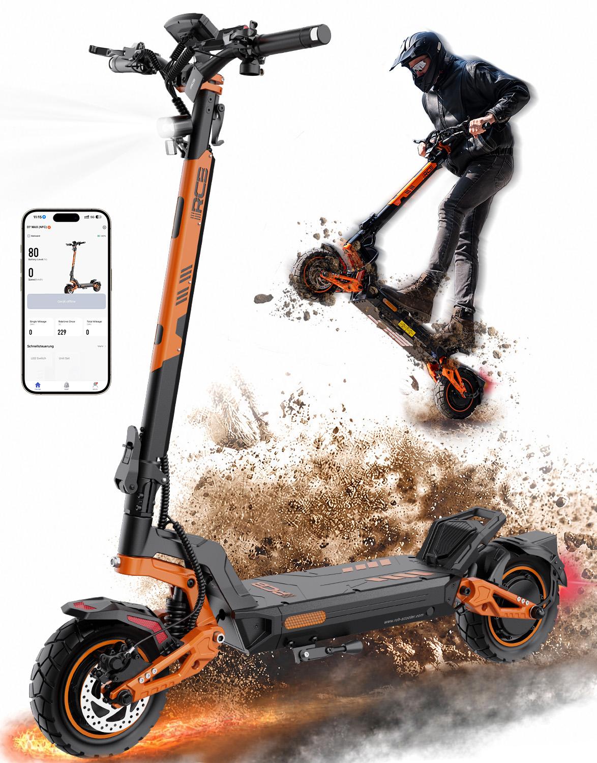 D7 MAX-NFC E-Scooter mit Straßenzulassung (ABE), 1800W*2 Peak motor,80-100 km Reichweite, Blinker, Vollfederung, Scheibenbremse + ABS