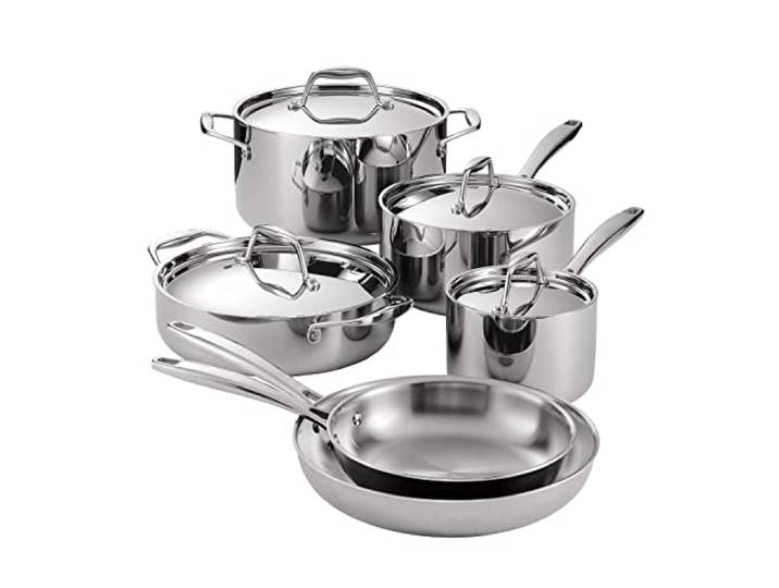 Tramontina 3-lagig verkleidetes Edelstahl Kochgeschirr-Set 10-teilig mit Deckel, Töpfe und Pfannen Küchenset, Induktionsfertig, Spülmaschinenfest, NSF-Zertifiziert, Made in Brazil