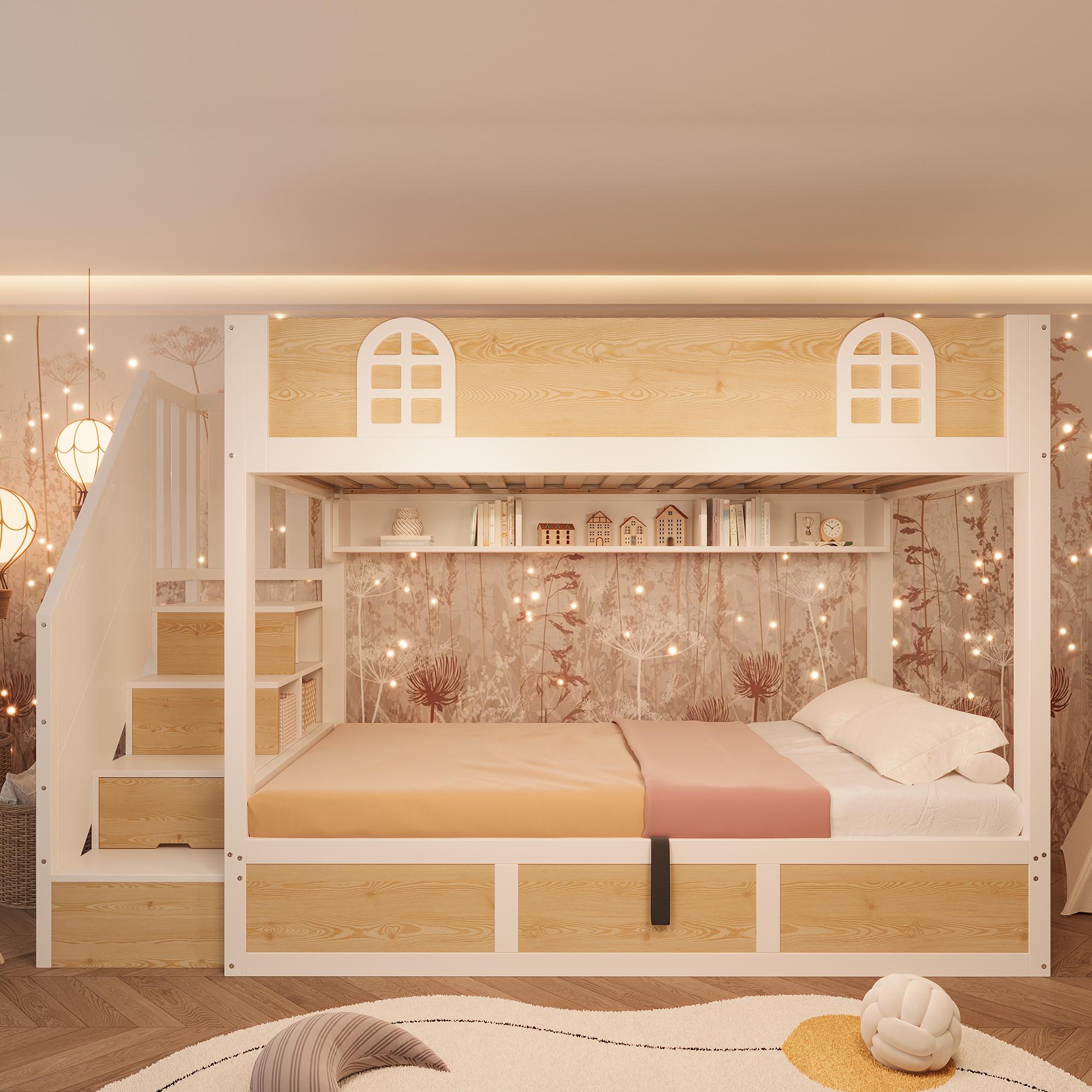 Merax Etagenbett 90x200cm mit Treppenschrank und Stauraum, Doppelstockbett mit Sicherheitsgeländer, platzsparend Kinderbett mit Lattenrost, Natur