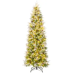COSTWAY Bleistift-Weihnachtsbaum 225cm, Schnee, 350 warmweiße LEDs & 75 Tannenzapfen, schmal.