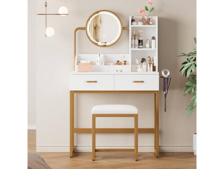 Weiß Schminktisch mit LED-Spiegel drehbar Steckdosen Hocker Goldbeine Schminktisch mit Beleuchtung, Dressing Table mit USB-Anschlüssen, Föhnhalter, 3 Lichtfarben, viel Stauraum & Elegantes Design